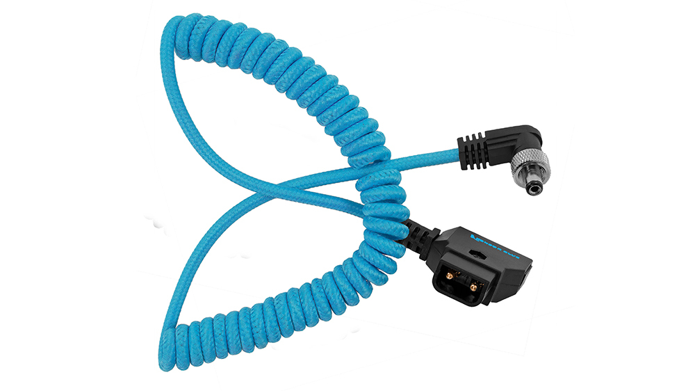 Kondor Blue Coiled D-Tap To Locking DC 2.1mm Right Angle Cable